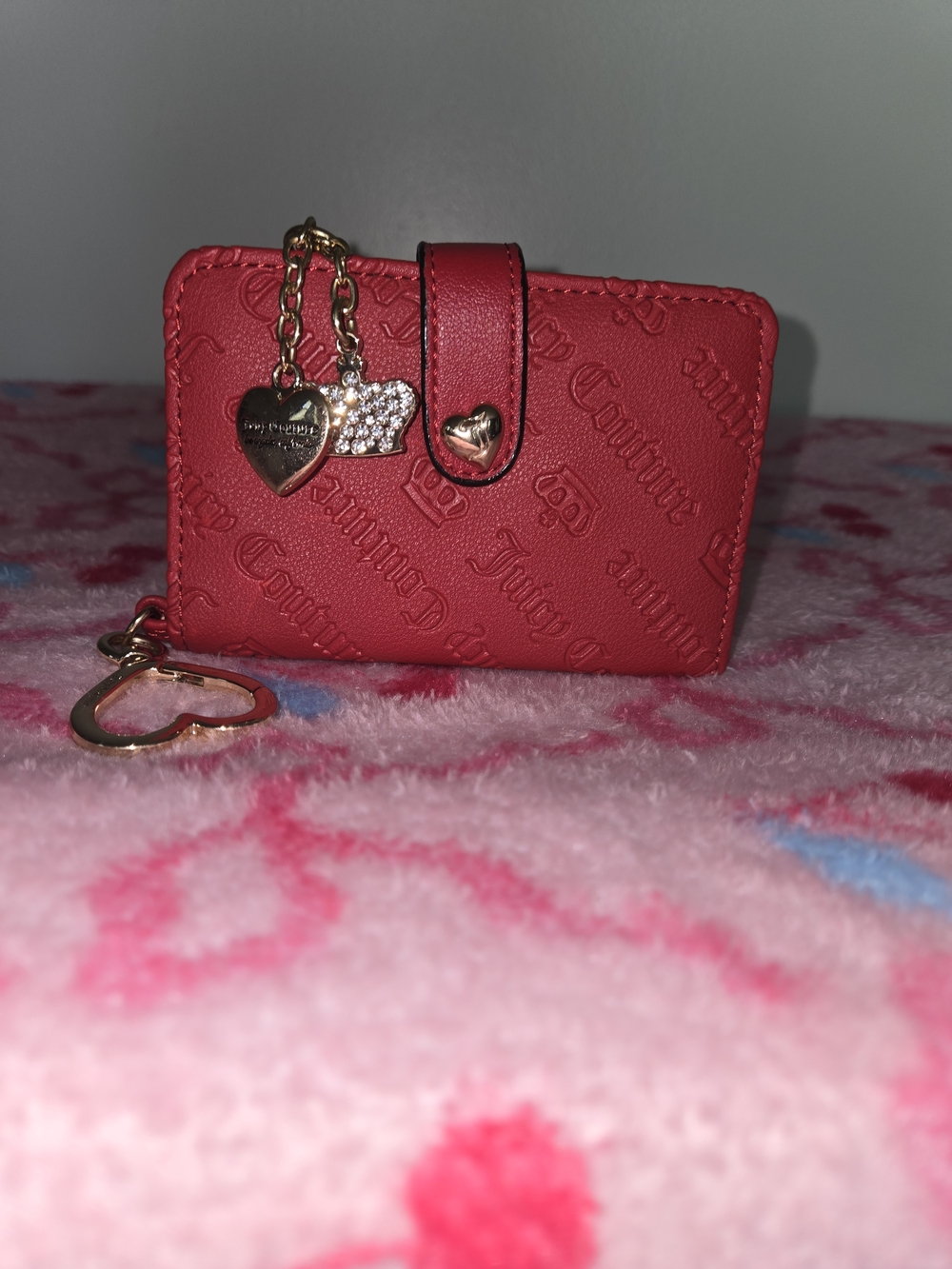 Juicy Couture Red Embossed Card Holder Wallet with Heart Charms
